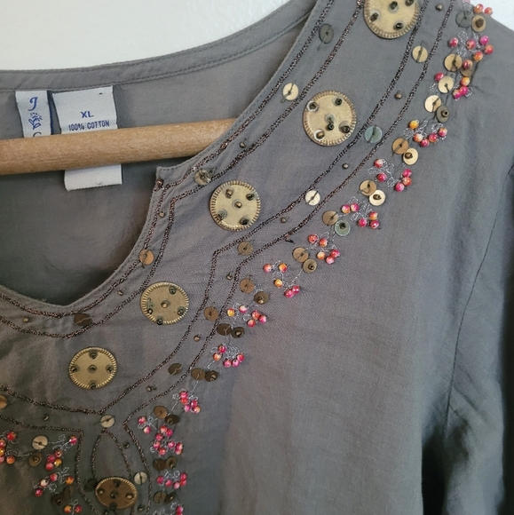 J. Gee Gray Bohemian Beaded Long Sleeve Blouse Size Extra Large - Picture 2 of 8